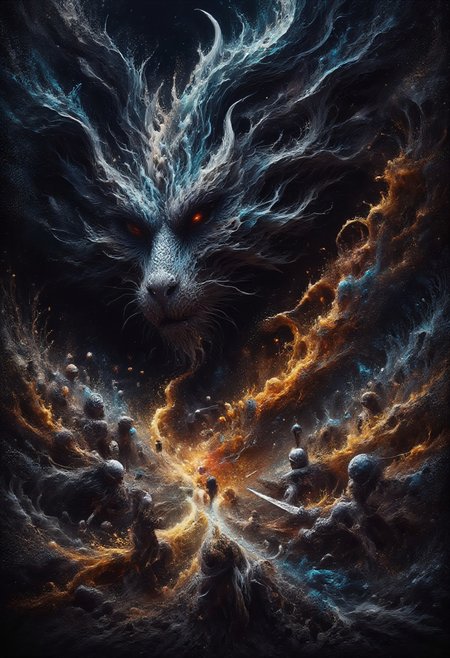 ral-dissolve, fire dissolving enemies. A fierce battle unfolds in a dark, cavernous setting, dominated by a massive dragon with fiery red eyes and sharp, jagged teeth. It's rough, scaly wings spread wide, and it unleashes a torrent of bright, fiery breath. Surrounding the dragon, warriors in medieval-style armor fight in desperation, wielding swords and shields. Their expressions range from fear to determination, with debris and blood scattered across the ground. Jagged rock formations cast deep shadows, while the dragonas flames and burning torches create an eerie orange glow, enhancing the scene's chaotic, intense atmosphere with realistic textures and dramatic lighting, <lora:dark_fantasy_flux:0.8>, <lora:fluxenhancer:0.6>