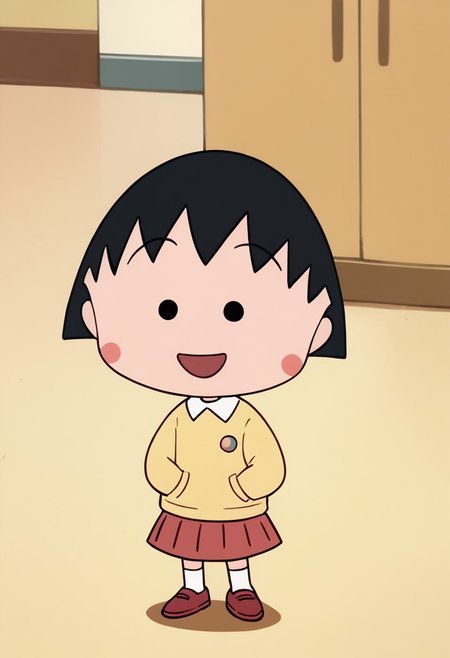 score_9, score_8_up, score_7_up BREAK ChibiMaruko, 1girl, black bobcut, black dot eyes, pink circle blush, happy, solo, solo focus, open yellow cardigan with orange pockets, long-sleeved white shirt, red pleated skirt. white socks, flat red shoes, full body,