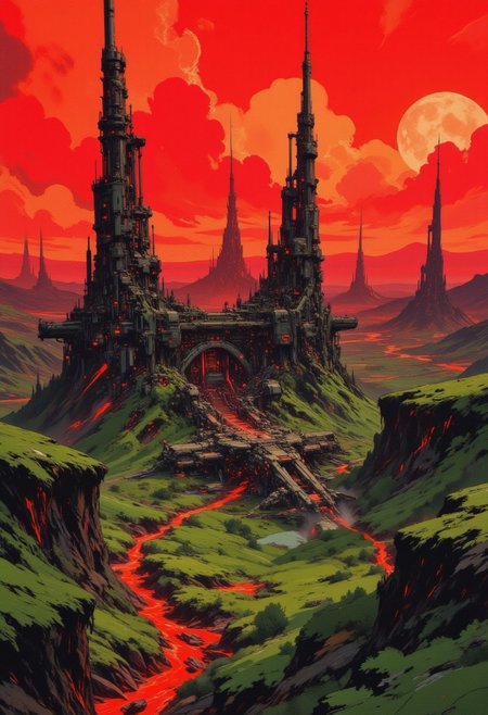 OBxiaoxiang, CAICO, inksketch black and red theme, detailed photorealistic image, a_skynet_cyberdyne_craft, the image is featuring a sci-fi cityscape of colossal buildings and towers in a green lush landscape, situated in a volcanic valley bounded by lava volcanos, black and gunmetal grey alloy surfaces with high-end circuitry, red glowing diodes and lights, large depth of field. The sky is an ominous red, with a moon hanging low in the horizon