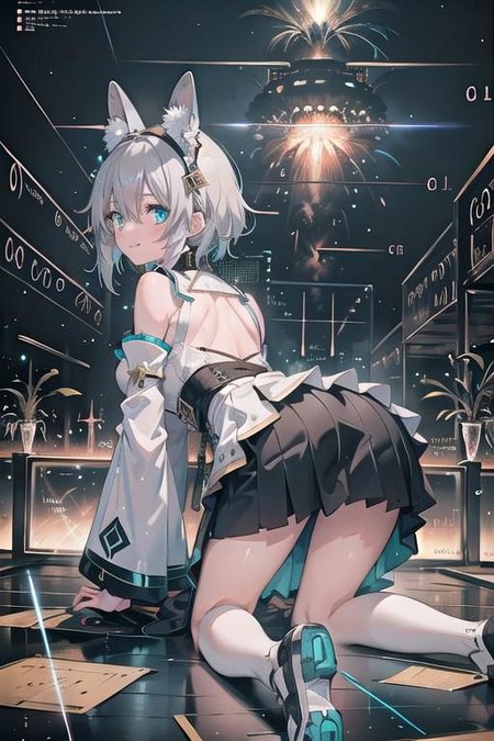 (masterpiece), (science fiction:1.4), 1girl, her back turned, on all fours, smile, silver hair, aqua eyes, headgear, long sleeves, detached sleeves, glowing energy clothing, light particles, short skirt