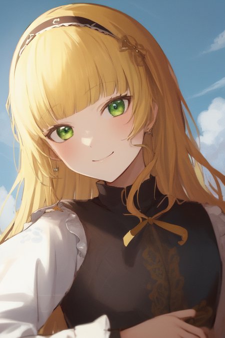 masterpiece, best quality, best quality, (Intricate detailed:1.2), beautiful eyes, 1girl, solo, outdoors, blue sky, cloudy, bokeh, lens flare, anamorphic lens flare, depth of field, seductive face, seductive smile, heanna_sumire, yellow hair, red headband, <lora:sumire:1.2>