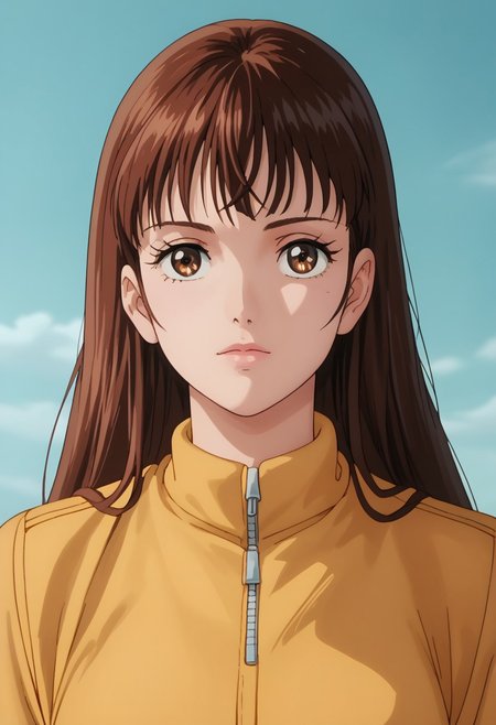 score_9, score_8_up, score_7_up, realistic, fine anime screencap_xl, anime screencap, miakoji, ronin warriors, solo, 1girl, retro, brown hair, 1980s (style), bangs, long hair, hazel eyes, portrait, makeup, jumpsuit