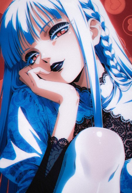 (by
zuharu
:1.25), 1990s \(style\), retro artstyle, 
1girl, solo, white hair, long hair, straight hair, side braid, colored eyelashes, white eyelashes, thick eyelashes, long eyelashes, pale skin, red eyes, slit pupils, black lips, black eyeshadow, 
white gothic dress, white thighhighs, lace trim,  head tilt, head rest, hand on own cheek,  smug, half-closed eyes,  parted lips,  knee to chest, medium breasts, tall female,  aged up,
ultra-detailed,  nose, lips, 
red background, simple background, 
masterpiece, best quality, good quality,
