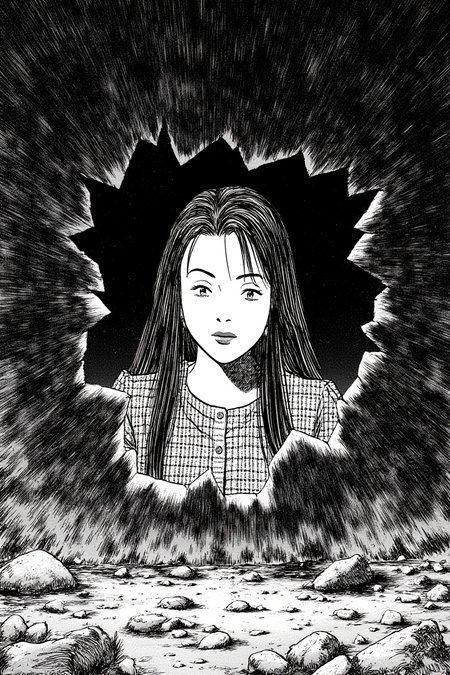 black and white manga naoUrasawa style image of a surreal image of a small woman's head emerging from a huge dark wal. The wall around her head is broken. The woman's expression is serene.