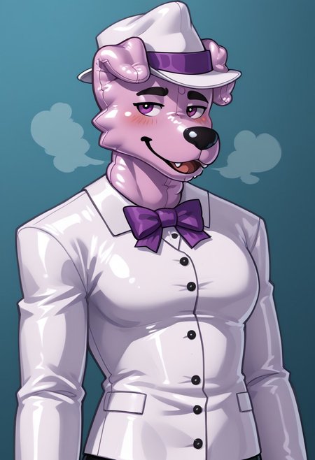 score_9, score_8_up, score_7_up, Latex rubber, (seams), (((living inflatable))), (detailed latex body), Balloongirl, (horny), (latex rubber body), large breasts, (source_furry), (source_anime), anime screenshot ((Waist up)), ((half-length portrait)), anthro, 1girl, anthro, furry female, uhyeah, erotic pose, purple latex rubber skin, anthro dog, white fedora, spoken heart, blushing, looking at viewer, (((Seams, seams on skin, seams on body, facial seam, seams down face, seam down center of face, seam up entire middle of body))), (((glossy skin, glossy face))), featureless breasts, zynflatable, pooltoy, toy nozzle, belly nozzle, standing, steam, plinflatable, (toy proportions), simplistic background,