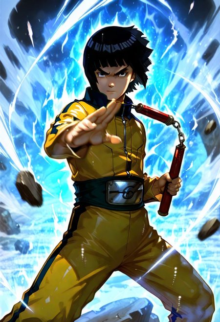 perfect quality, best quality, absolutely eye-catching, cinematic, (masterpiece), (ultra-detailed), very aesthetic, illustration, perfect composition, ultra detailed face, detailed eyes, 
1boy, solo,
rock lee(Naruto),
black hair, black eyes,
bruce-lee-alike jumpsuit, yellow jumpsuit,
nunchucks, weapon, chains, aura, holding, instrument, motion blur, fight stance,
(holding nunchaku:1.1),
nunchaku,
ultra_instinct, white and blue aura, floating hair, fight stance,