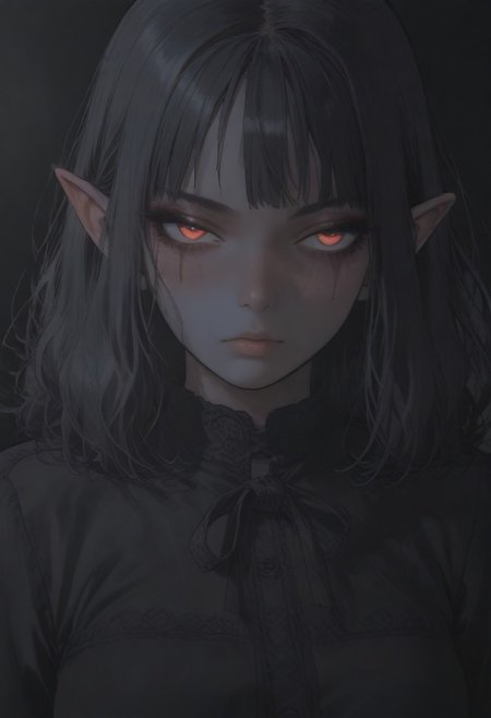 (score_9, score_8_up, score_7_up), source_anime, anime, female, elf, (dark blue skin), black hair, burgundy eye color, black eye sclera, layered clothing, waist-high, black background, woman