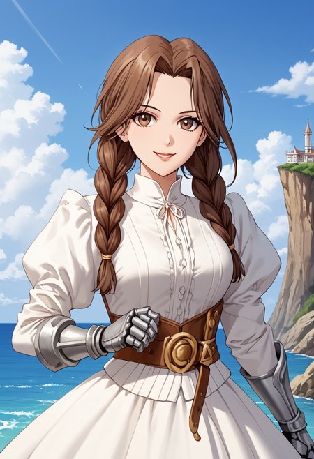 score_9,score_8_up,score_7_up,source_anime,5_figner,2d_animation,game cg,BREAK,1girl,solo,
ferris,gauntlets,white dress,brown hair,long hair,belt,braid,puffy sleeves,twin braids,brown eyes,lips,
medium breast,upper body,smile,
cloud,sea,clipper ship,looking at viewer, outdoor,
medium breast,looking at viewer,
masterpiece,best qualit,ultra-detailed,illustration,an extremely delicate and beautiful,beautiful detailed eyes,unity 8k wallpaper,high resolution,anime CG,official_art,
