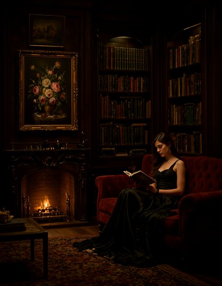 Dark cozy library room, fireplace is lit, floral painting hung on the wall, in the corner is sitting a women in a black dress on a dark red velvet sofa, she is reading a book, rug, coffee table,