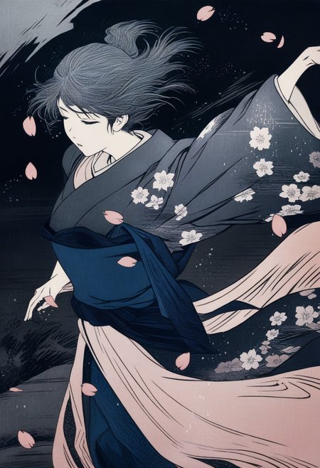 cherry blossoms  in a dark storm, light and shadow, a girl in kimono and dancing, cherry petals flying in the air, wind and rain, dynamic angle, close-up shot, (best quality), woodcuts, highly detailed, KHsty-XL <lora:KHsty-XL-v3-AN:0.7>
