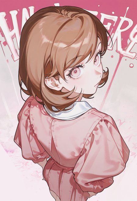 1girl, solo, takeba yukari, brown hair, short hair, pink eyes, 
pink graffiti, pink background, grey background,  
from behind, from above, perspective, 
(atie1225:0.6),
masterpiece, amazing quality, very aesthetic, hires, absurdres,
<lora:artist_niukou_kouzi_vpred_v2:1>,  <lora:nanako-san:1>