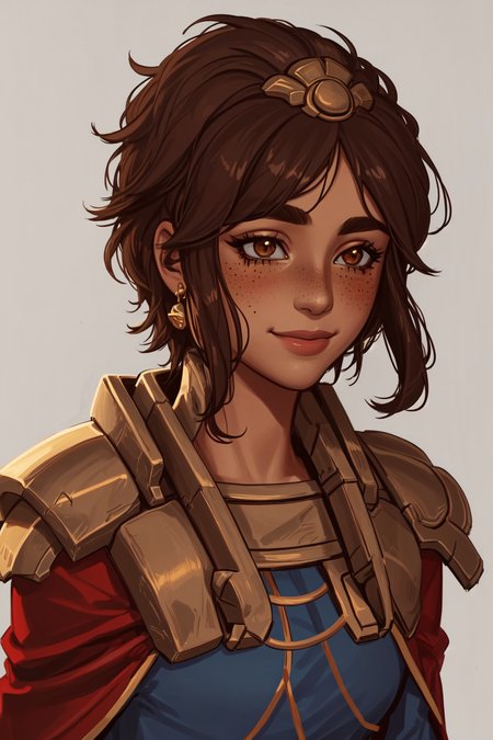 best quality, masterpiece, original, highres, illustration, best lighting and shadow, aesthetic wallpaper, amazing, beautiful, taliyah, 1girl, solo, dark skin, dark-skinned female, short hair, brown hair, thick eyebrows, brown eyes, freckles, extremely detailed and beautiful face, happy, sidelocks, photorealistic, (upper body), blush, head ornament, stone pauldrons, red cape, smile,  
<lora:tali-20:0.5>