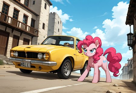 score_9, score_8_up, score_7_up, anime screencap, BREAK, my little pony Pinkie Pie, a pink earth pony with blue eyes, source_feral, outdoors, daylight, action pose, expressionless face, source_anime, retro anime style, car accident in the background