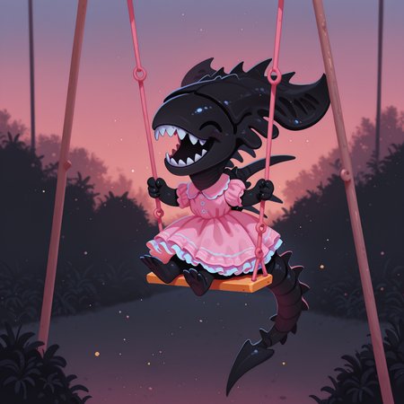 masterpiece, best quality, amazing quality, very aesthetic, absurdres, newest, pikaole, cute, (solo), xenif, teeth, sharp teeth, tail, no humans, monster, colored skin, black skin, claws, spikes, frilly pink dress, happy, laughing, riding swing, garden, dusk, close up, from front, <lora:XenomorphQueenIL:1> <lora:pikaole:1>