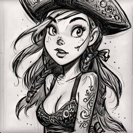 drawix18 pirate girl, black ink, very detailed <lora:drawix18:0.8>