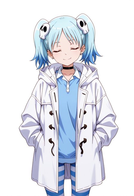 masterpiece,high quality details, absurdres,
 <lora:Izutsumi_Marín:0.8>
izutsumi_cnr, 1girl, blue hair,yellow eyes, multicolored hair,  skull hair ornament, twintails, black choker,ear piercing,, simple background, white background, front view,solo,, seductive smile,depressed,, ^ ^,, ultra realistic, high detailed skin,, polo shirt,duffle coat  ,leggings, ,striped pantyhose,