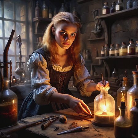 portrait alchemist working, looking at viewer, by Jeff Easley <lora:RPGAlchemistsXL:0.4> solo, alchemist, indoors, 1girl, depth of field, sitting <lora:TerrorArtXL:0.3> terror, art, style <lora:EdobHorrorLandscape_XL_v1.0:0.3> horror (theme)