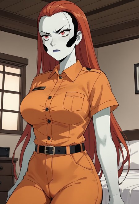 score_9, score_8_up, score_7_up, source_anime, , 1girl, very long hair, red hair, , , ( , thighs , bedroom ,white skin , cameltoe ,   , mature woman  ,  , red eyes  ,orange prison uniform , orange pants , collared shirt ,  orange shirt , black belt ,  , black dot on face , annoyed  , short sleeves ,  ) ,,  ,white skin ,  black dot on face ,