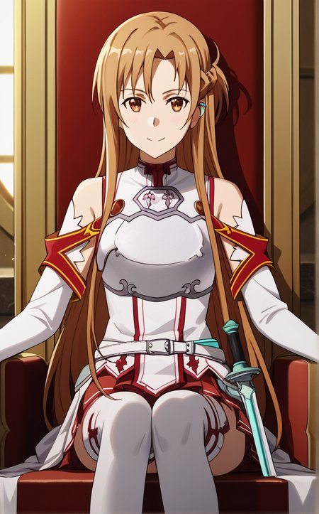 score_9, score_8_up, score_7_up, absurdres, sitting on throne, sitting, throne, throne room, straight-on, curtains, light particles, bokeh, loaded interior, indoors, solo, looking at viewer,<lora:PONYXL_SAO_AsunaYuuki_ownwaifu:1>, BREAK MainOutfit_Asuna_ownwaifu, 1girl, asuna (sao), brown eyes, brown hair, bare shoulders, breastplate, long hair, detached sleeves, armor, white armor, braid, pleated skirt, sheath, red skirt, white thighhighs, french braid, rapier, white sleeves, hair between eyes, sheathed, long legs, jewelry, long sleeves, bangs, half updo, zettai ryouiki, miniskirt, ring, shiny hair, white belt, cape, choker, breasts, parted bangs,  waist cape, wedding ring, white cape,<lora:add-detail-xl:0.15>,