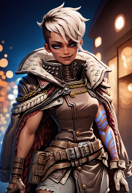 masterpiece, best quality, bokeh, night, outdoors, closed mouth, 1girl, solo,  <lora:Queen Tyreen Calypso:1> dark-skinned female, two-tone hair, undercut, white hair, brown hair, asymmetrical hair, blue eyes, makeup, eyeshadow, scar on nose, arm tattoo, blue tattoo, brown coat, jacket on shoulders, red feathers, spikes, high collar, brown shirt, sleeveless shirt, gold chain, gold buttons, asymmetrical gloves, brown fingerless gloves, white gloves, pouch, brown belt, multiple belts, grey pants, torn pants, looking at viewer, cowboy shot, evil smile,