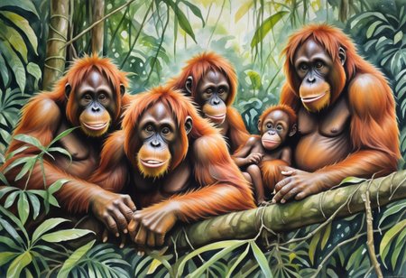 artrngtn, sumatran orangutan  youngsters playing in the jungle with mommma watching,  watercolor and marker