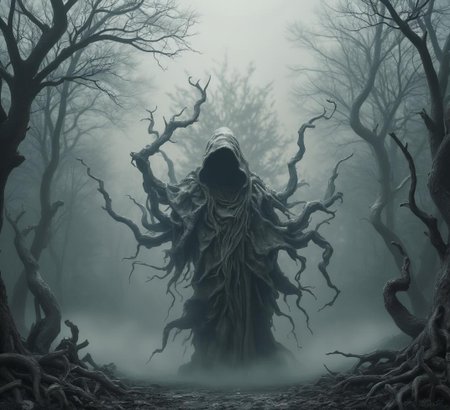 <lora:Cute_Collectibles.safetensors:1>
In the heart of a mist-shrouded forest, a figure stands alone, its form cloaked in a tattered, decrepit hood that seems to absorb the very light around it. Tendrils of fog, twisted and malevolent, swirl around the figure, their movement suggesting a life of their own. The hooded entity's presence is both ethereal and terrifying, its form composed of shadows and tendrils that stretch and contort in unnatural ways. The mist itself seems to recoil from the figure, as if afraid of what it might touch.
The background is a surreal, muted landscape of gray, where twisted trees rise like skeletal fingers, their branches gnarled and bare. The ground is covered in a soft, ashen layer that muffles any sound, creating an eerie silence that hangs heavy in the air. The entire scene is bathed in an otherworldly light, casting long, distorted shadows that dance and shift with a life of their own.
Behind the hooded figure, the fog thickens into a wall of swirling darkness, hinting at a hidden, ancient evil. The air is thick with the scent of decay and forgotten sorrows, and the atmosphere is one of profound dread and foreboding. The figure's presence is a focal point of tension, its form a symbol of the dark history and hidden fears that linger in this place.
The relationship between the figure and the environment is one of mutual dread and fascination. The forest seems to whisper warnings, its trees and shadows conspiring to create a sense of impending doom. The mist, once beautiful and haunting, now serves as a veil that conceals and distorts, adding to the unsettling aura of the scene.