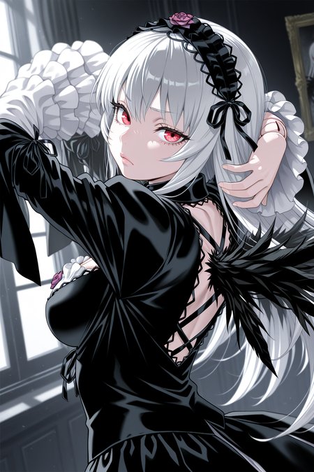 1girl, SuigintouRozenMaiden,
general, solo, dynamic angle, from behind, upper body,
long hair, white hair, red eyes,
lips, eyelashes, doll joints, pale skin,
hairband, detached collar, black ribbon, black dress,
breasts, cleavage,
frilled sleeves,
black wings, 
looking at viewer, arms behind head, frown,
black theme, indoors,
<lora:kp_SuigintouRozenMaidenIllustrious_v1_0:1.0>,
masterpiece, best quality, amazing quality
