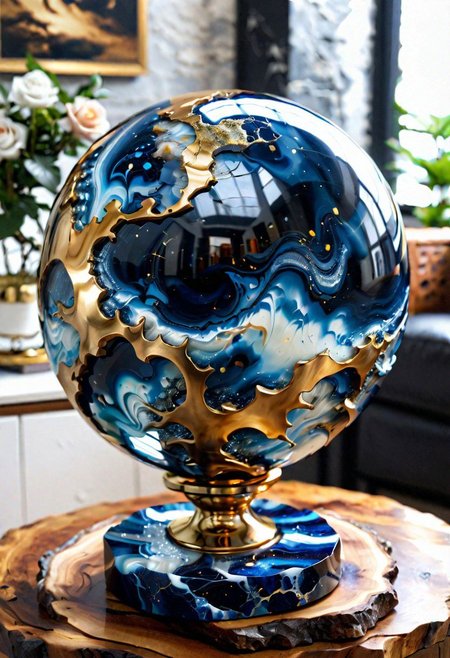 zephyr epoxy sphere sculpture, hight refract, amazing, composition, [roses : gold], epoxy Live edge, hight quality, (((masterpiece))) , (hight detailed)  <lora:add-detail-xl:1> blue polished marble