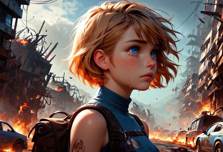 1girl, Masterpiece, 4k, ultra high detail, score_9, score_8_up, score_8, 18yo, petite, medium breast, short blonde hair, fcNeg, stunning blue eyes, freckles, white skin, small nose, innocent beauty, slim face,  skinny petite body, 
Torn sport clothes
Fear in her eyes, crying, 
Sideview,  Apocalyptic scene, burning skyscraper, burning city, derstroyed cars, a huge asteroid swarm in the sky, 
Many asteroids in the sky, 
End of the World, 
negative_hand, NightScapes,