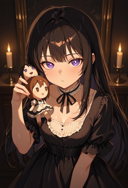 masterpiece, best quality, good quality, very aesthetic, absurdres, newest, 8K, depth of field,  in the style of cknc, artist:moriimee, in the style of cksc, 
1girl, porcelain skin, long black hair, curled, violet eyes, small breasts, perky, frilled dress, glossy skin, holding puppet, looking at viewer, from front
BREAK
victorian parlor, wooden dolls, candlelight flickering
BREAK
warm light, soft colors, high contrast, eerie shadows, rich details, unsettling vibe