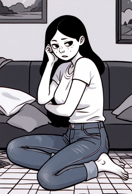 score_9, score_8_up, score_7_up, score_6_up, score_5_up, 1girl, solo, full body,
(source_cartoon),
<lora:Anya Borzakovskaya (Anya's Ghost):1>
Anya_B, pale skin, white skin, freckles, blush stickers, black hair, long hair, dark eyes,
jeans, denim,
(monochrome),
detailed background, indoors,
<lora:Expressive_H:0.7> Expressiveh,
<lora:add-detail-xl:0.9>