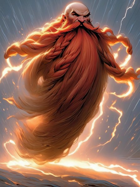 Harry_Dwarf, full body,  dwarf-like character,  flowing long red beard, braided moustache,bald, gold bangles, <lora:Harry_Dwarf:1>, <lora:add-detail-xl:0.8>,in a thunderstorm