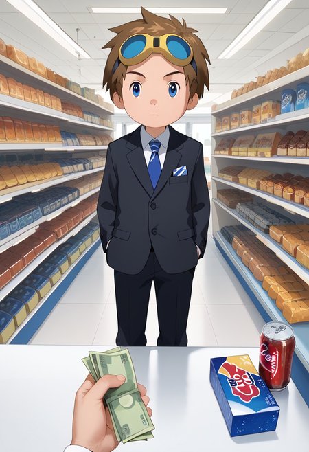 score_9, score_8_up, score_7_up, zPDXL2, 
,full body
1boy, solo, goggles on head, brown hair, 
Barbershop,black suit,holding money ,buying cola and multiple cookie box, convenience store,counters