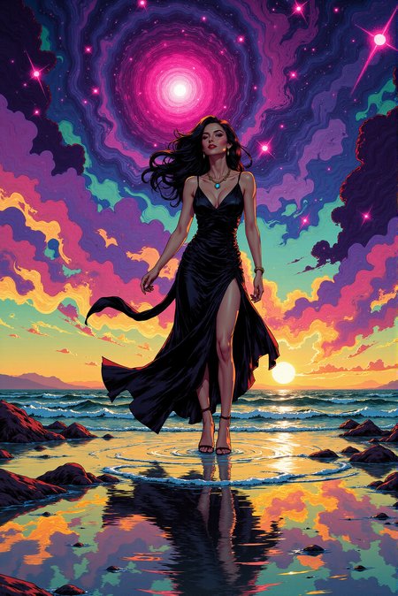 <lora:FANCHA_v.4:0.8> Fancha style. She wears a shiny diamond necklace. The image is a vibrant, surreal digital artwork featuring a dramatic, stylized silhouette of a woman standing on a beach at sunset. The woman, depicted in a flowing, elegant black dress with a high slit, appears to be in mid-stride, her long, wavy hair flowing behind her as if caught in the wind. Her pose is dynamic, with one hand resting on her hip and the other slightly bent, suggesting movement and grace. The background is a swirling, abstract representation of a cosmic scene, blending vibrant colors of purple, blue, flashy pink, and orange, with splashes of yellow and green, creating a mesmerizing, almost psychedelic effect. This cosmic backdrop appears to be a galaxy or a nebula, with swirling, glowing tendrils and specks of light, suggesting a celestial or otherworldly environment.