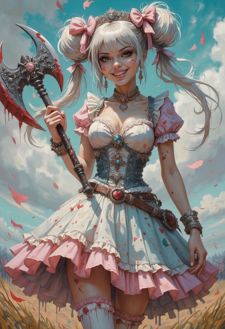 A highly detailed, photorealistic portrait of a woman blending whimsical cute fashion with fierce warrior aesthetics, now tinged with a macabre twist. She stands confidently, holding a beautifully ornate, oversized battle axe, its intricate engravings smeared with fresh blood that drips from the blade. Her pastel pinks, baby blues, and whites outfit, featuring a frilly cute-style dress with lace accents, a high collar, puffed sleeves, and a corset bodice adorned with delicate bows and miniature charms, is stained with crimson splatters. The dress's layered ruffled skirt shows streaks of dried blood along the hem,
Her hair, styled in long, flowing twin-tails tied with oversized bows, cascades in loose curls down her shoulders, the ends slightly matted with blood. She wears a dainty, jewel-encrusted tiara and a choker adorned with a heart-shaped gemstone now darkened with a splatter of crimson blood. Her expression is a mix of sweetness and unhinged ferocity, her wide eyes sparkling with both manic glee and raw determination, her lips twisted into a crazed, bloodthirsty grin.
The background is a vibrant, dreamlike fantasy battlefield turned grim with hints of destruction. The magical sky swirls with pastel hues, but darker tones creep through the colors. Floating petals and sparkles remain, now stained and drifting alongside faint embers, as faint silhouettes of distant battles hint at the chaos. The overall scene exudes high-quality artistry, seamlessly blending cute, fierce, and unsettling elements in a stunning display of dark fantasy and cute fashion  <lora:Comic book V2:0.6>  <lora:flux.1_lora_ink-dynamic:0.7>  <lora:flux.1_lora_flyway_Epic-detail_v2:0.8>