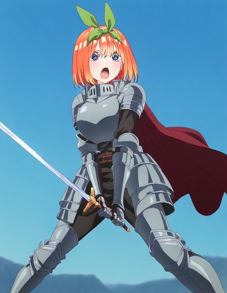 masterpiece, best quality, newest, absurdres, highres, safe,, <lora:yotsuba-nakano-s2-ponyxl-lora-nochekaiser:1>, yotsuba nakano, bangs, short hair, blue eyes, hair between eyes, hair ribbon, hairband, orange hair, green ribbon, large breasts, anime screencap, <lora:sunrise-stance-illustriousxl-lora-nochekaiser:1>, sunrise stance, weapon, sword, solo, open mouth, holding weapon, holding, holding sword, <lora:knight-ponyxl-lora-nochekaiser:1>, knight, armor, cape, shoulder armor, gauntlets, helmet, pauldrons, red cape,, ,