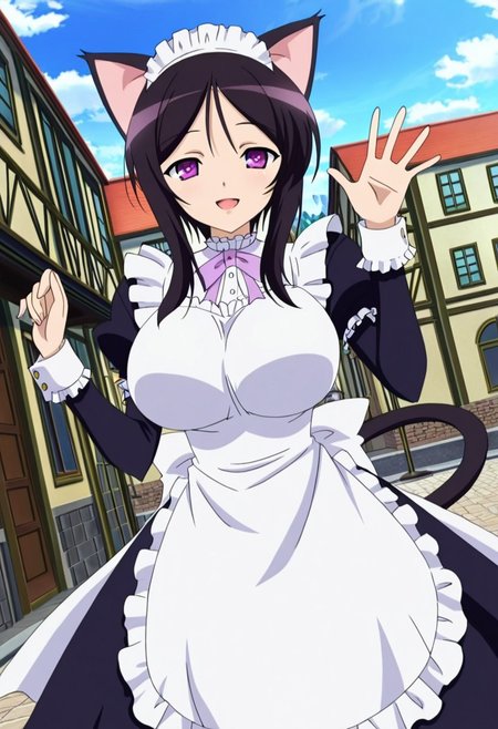 general,highres, ultra-detailed,very aesthetic,best quality ,best hands,best eyes,easynegative,
dynamic anglre, dutch angle, anime cloring,anime screencap,
1girl solo,looking at viewer,open mouth,town,outdoors, smile, waving hand, 
Eineus the Vergest,black_hair, purple_eyes, huge_breasts, cat ears, cat tail,maid costume,