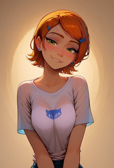 (score_9, score_8_up, score_7_up, score_6_up, score_5_up, score_4_up, ), masterpiece, 8k,  Pixar style, detailed, rich colors, bright colors, thick lines, view from front, 
((Gwen Tennyson from ben10)), ((basic white shirt)), plain white Tshirt,
((aroused)),  ((cute, sexy)),  seductive, Female,