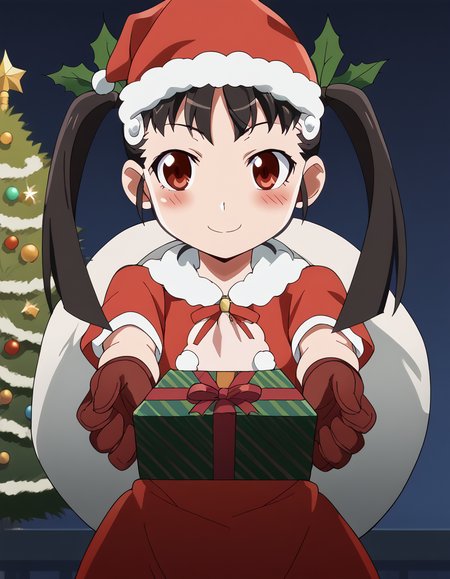score_9, score_8_up, score_7_up, source_anime, <lora:mayoi-hachikuji-offmonster-ponyxl-lora-nochekaiser:1>, mayoi hachikuji, long hair, black hair, red eyes, ribbon, twintails, hair ribbon, hairband, anime screencap, <lora:santa-costume-ponyxl-lora-nochekaiser:1>, santa costume, santa hat, christmas, sack, merry christmas, gift, fur-trimmed headwear, holding sack, santa dress, fur-trimmed dress, christmas tree, christmas tree, fur trim, red capelet, gift box, red gloves, fur-trimmed capelet, santa gloves, red hat, hat,, smile, blush, looking at viewer, <lora:incoming-gift-ponyxl-lora-nochekaiser:1>, incoming gift, outstretched arms, holding, holding gift, gift, gift box,, , dutch angle, cowboy shot