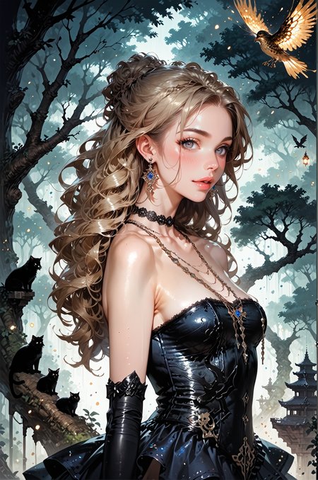 score_9, score_8_up, score_7_up, score_6_up, (1girl,solo),extremely detailed, ((beautiful silhouette of a female in a dress)), (epic oak tree, heavy backdrop lights), (whimsical colorful dustclouds background, dust particles, lots of detail), sharp focus,, long hair, earrings,<lora:LOAs0rcl34pXL:1>,LOAs0rcl34pXL, lace skirt, necklaces, elbow gloves, strapless, <lora:sinfully_stylish_SDKL:0.5> <lora:Fant5yP0ny:0.6>, concept art, realistic, <lora:Expressive_H:0.5> Expressiveh