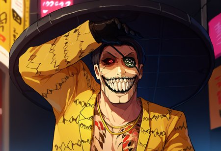 score_9, score_8_up, score_7_up,  1boy, Majima everywhere, manhole cover, arm up, solgo, sharp teeth, evil grin, black sclera, glowing eyes,   <lora:Majima everywhere 3:1> <lora:SoloStatueGodGrin-closrem-v2:1>  <lora:majima-guy-PONYv1:1> majimaDEF, eyepatch, tattoo, necklace, jacket, animal print, open clothes, black gloves,