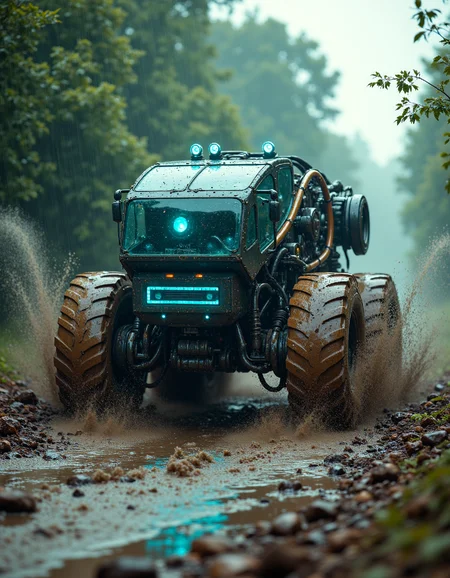 cpstyle01, A massive robotic truck splashes through a muddy terrain, its tires leaving deep impressions in the earth. The vehicle features a futuristic design with glowing blue accents and detailed mechanical components visible under the transparent hood. Water sprays from submerged wheels as it navigates the quagmire, creating a misty effect. Surrounding trees and bushes are partially covered by fogged-down foliage. Nearby, a small stream swells over its banks due to heavy rainfall, adding to the scene's dramatic atmosphere. The scene captures motion and technology in a natural environment.
