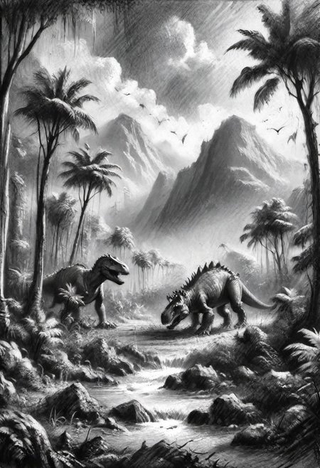 (masterpiece), 
A jurassic park landscape, 
Black and white tones,
HDR, highly detailed, 32k, 
looking at viewer,