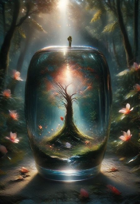 There a glass Apple sculpture, concealed inside is a picture of a beautiful Japanese landscape inside of it with pink trees and falling leaves, in the dark, detailed image, 8k, 8k high quality detailed art, the moon, perfect sphere, amazing wallpaper, digital painting highly detailed, 8 k hd detailed oil painting, beautiful art uhd 4 k, focus on glass apple, close up, bokeh, unfocused counter top background   Vibrant glass red apple, glossy surface, intricate details, vivid green leaves, miniature Adam and Eve figures inside, symbolic scene, ethereal atmosphere, zbrushcentral contest winner, cherry blossom tree background, meticulous craftsmanship, high realism, impeccable symmetry, 8K resolution, captivating colors, dynamic lighting, digital art masterpiece, by renowned artist, enchanting and thought-provoking composition.
More about Enchanted Glass Apple: A Digital MasterpieceA stunning digital artwork featuring a vibrant glass red apple with intricate details, containing miniature Adam and Eve figures. Set against a cherry blossom tree background, this piece showcases meticulous craftsmanship and high realism in an ethereal and symbolic scene.
#craftsmanship #digitalmasterpiece #ethereal #glassart #symbolism