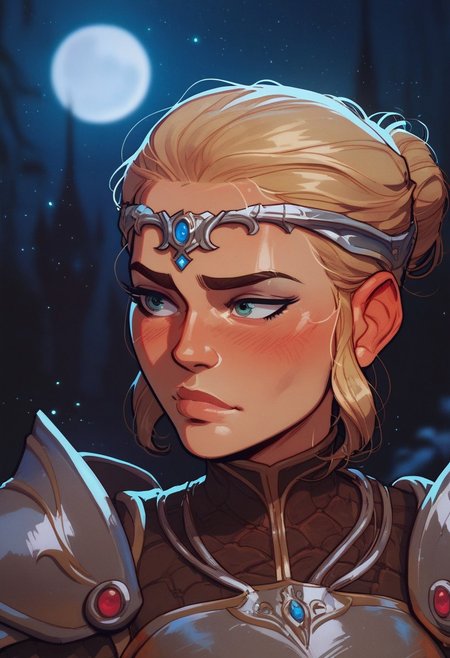 score_9, score_8_up, score_8, score_7_up, score_7, score_6_up, score_6, score_5_up, beautiful blonde, long straight hair, hair in a bun, golden circlet, armor, necklace, (flat stomach, narrow hips):1.4, pouty expression, blush, vox machine style, 1girl, female focus, solo, close up portrait , fantasy, moon, moon light, night background, (dynamic lighting:1.1)
((masterpiece))