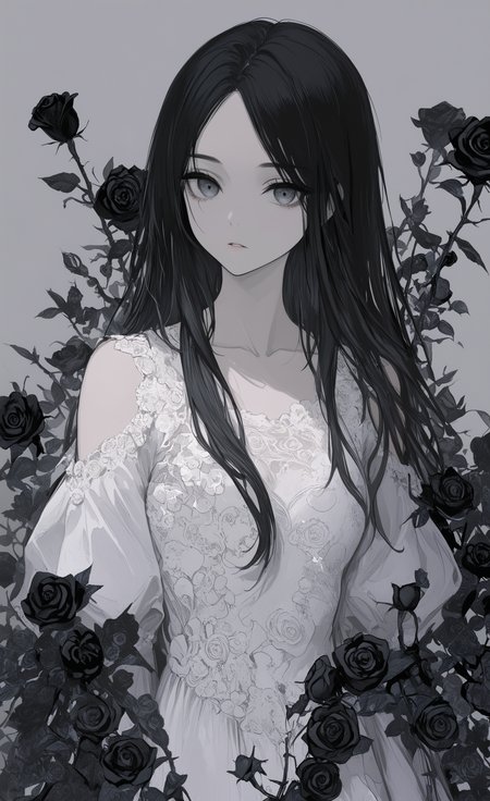 masterpiece, best quality, good quality, very awa, newest, highres, absurdres, 1girl, solo, long hair, looking at viewer, black hair, dress, collarbone, upper body, flower, parted lips, grey background, white dress, parted bangs, grey eyes, expressionless, rose, black flower, black roseï¼Shoulder cutout, detached sleeves, limited palette, <lora:illustriousXL_stabilizer_v1.23:0.3> <lora:NOOB_vp1_detailer_by_volnovik_v1:0.3> <lora:ponyv6_noobE11_2_adamW-000017:0.3> <lora:114558v4df2fsdf5:0.6> <lora:XXX667:0.4> <lora:mon_monmon2133:0.5>