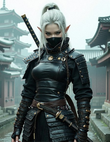 Depict a highly realistic portrait of a tall, imposing female elven ninja, clad in dark, layered samurai armor.Their silver-white hair is tied back, contrasting sharply with the black and gold elements of their attire. Only their piercing eyes are visible above a black face mask, adding an air of mystery and danger. The armor is meticulously detailed, with leather straps, metal plates, and gold accents that highlight the character's stature. The background is shrouded in mist, with the outlines of traditional Japanese architecture barely visible, enhancing the mystical ambiance. Soft, diffused lighting should capture the textures and details of the scene, bringing a sense of depth and realism to the character and their surroundings. dynamic_pose, aesthetic_pose, With one foot forward and one hand resting on a katana, her stance alert as the fog shifts around her.




