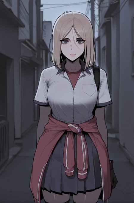 1girl, solo, looking at viewer, emotionless, outdoor,  <lora:Floox_2.0:0.75>
BREAK
 <lora:Shin_Yeong_Kang:0.85>  Shin_Yeong, medium hair, blond hair, dark gray eyes, "burgundy sports jacket tied around waist, white short-sleeve blouse, pleated dark skirt, single gloves, knee-high black socks", masterpiece, best quality, amazing quality, very aesthetic, absurdres,  newest,
