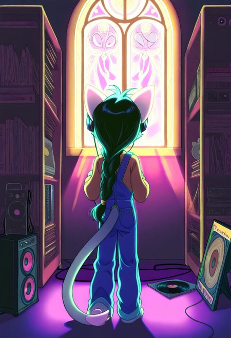 score_9, score_8_up, score_7_up,lilith_calah,
1girl,solo,furry,tail,dark green hair, source_furry,
 ,<lora:lilith_calah_illustrious:0.8>,
kid, child, 
in retro overalls organizes vinyl records, humming to a jazz tune. A lazy cat naps atop a speaker, and sunlight filters through stained-glass window decals, record_player, vinyl, cat, overalls, stained_glass, sunlight, retro, speaker, music_notes, braided_hair, cozy_atmosphere, bookstore, messy_hair, headphones, nostalgia