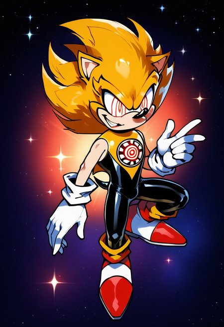 score_9, score_8_up, score_7_up , masterpiece, beautiful,1 male , solo. smug expression,
Fleetway_super_sonicEXE, yellow hair, red eyes, gloves, 1boy, animal ears, tail, white gloves, spiked hair, furry, furry male, body fur, animal nose, sonic the hedgehog, spiky, gold fur design swirl red eyes, 
, SinestronCOS,thighhighs,white gloves,skin tight,bodysuit,superhero,black bodysuit,yellow bodysuit,sinestrocorps symbol on chest, , knee boots, white boots,sinestrocorps symbols on chest, anime art style, starry background, outerspace,